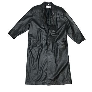 Donna Pelle Coat Womens Large Black Leather Longline Duster Shawl Collar Buttons